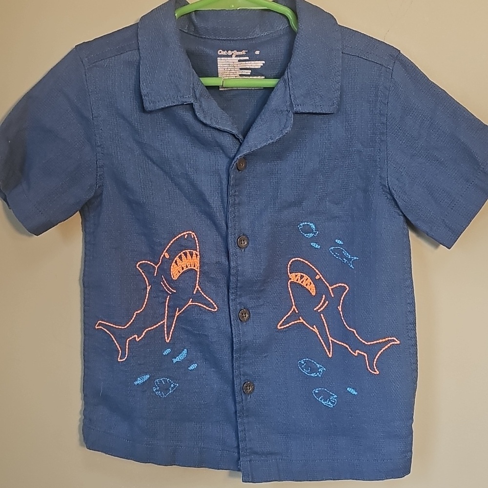 Cat & Jack Blue Short-Sleeve Button-Down Shirt with Shark Embroidery